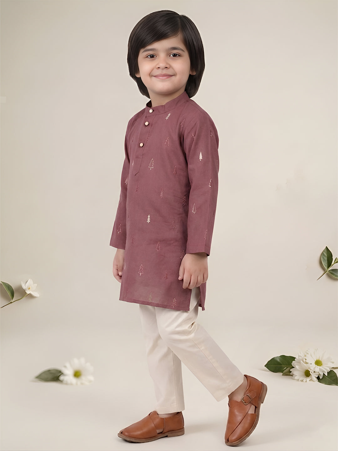 Polka Tots Full Sleeve Christmas tree Print Ethnic Kurta Pyjama Set - Pink