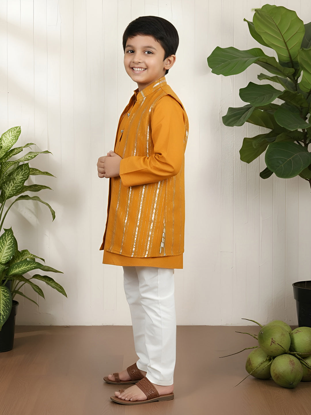 Polka Tots Full Sleeve Ethnic Kurta Pyjama Set with Foil Striped Koti - Orange
