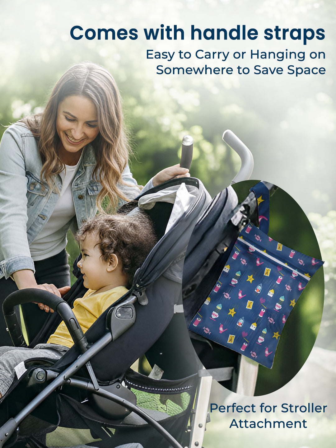 Woman pushing a stroller with a child, and a blue pouch attached to the stroller handle.