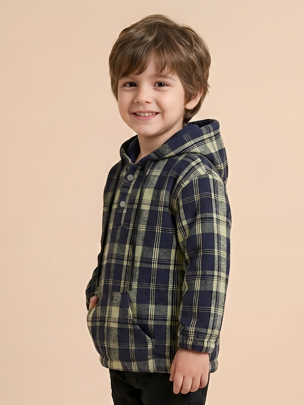 Polka Tots Kids Full Sleeves Checked Hoodie Shirt - Black and Green