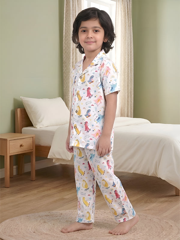 Polka Tots Half Sleeve Dinosaur print Night Suit - Multicolor