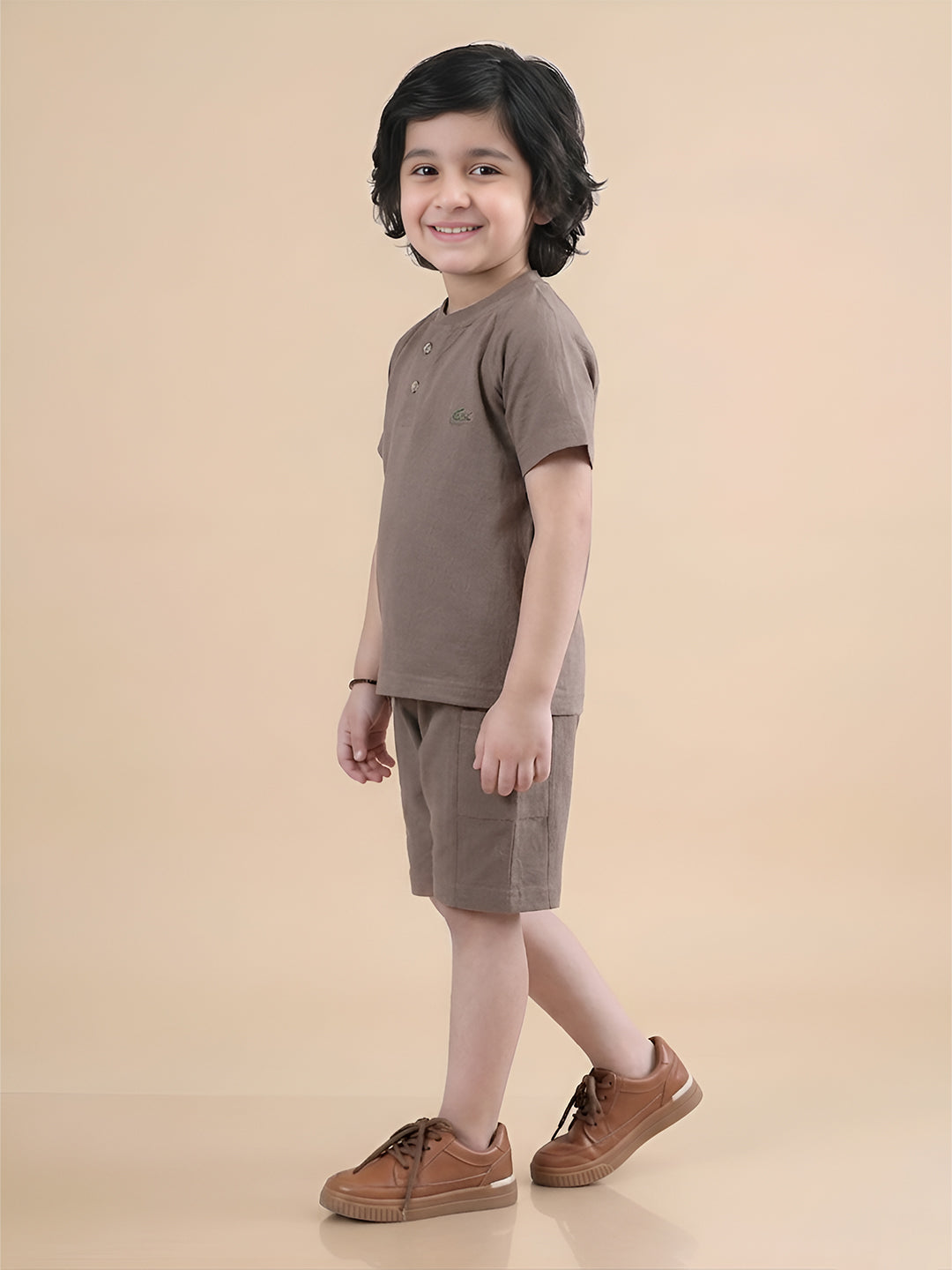 Polka Tots Half Sleeves Solid T-Shirt Shorts - Brown