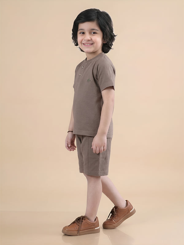 Polka Tots Half Sleeves Solid T-Shirt Shorts - Brown