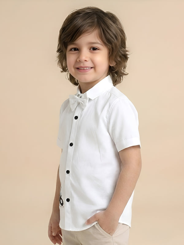 Polka Tots Cotton Regular Fit Little Crusher Diamond Party Wear Kids Shirt With Bow Tie - White