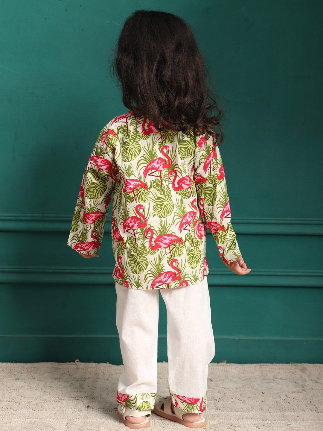 Polka Tots Swan print Front open Full sleeves Nightwear Kurta pyjama set - Pink