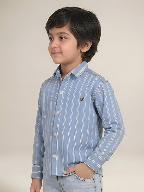 Polka Tots Full Sleeves Cotton Striped Shirt - Blue