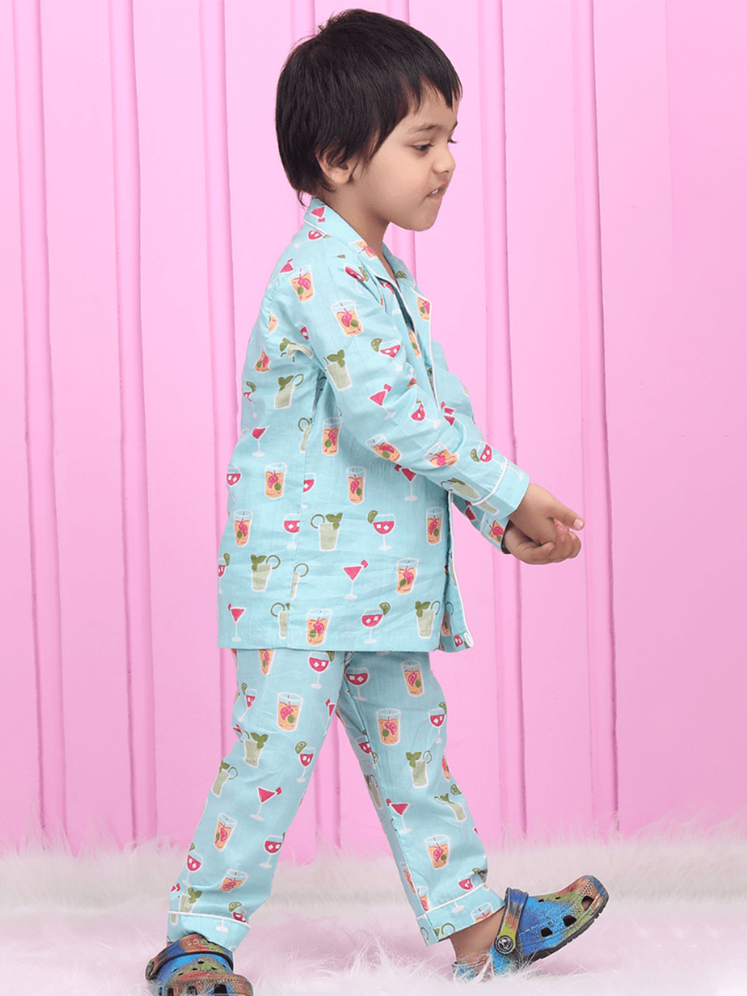 Polka Tots Full sleeves Juice print Night Suit - Blue