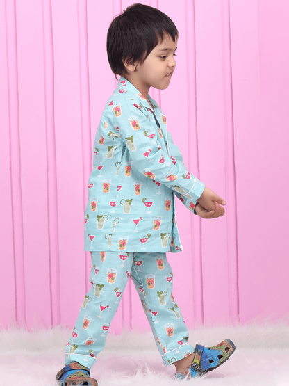 Polka Tots Full sleeves Juice print Night Suit - Blue