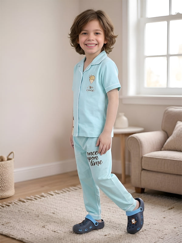 Polka Tots Half sleeves My Prince Print Night Suit - Aqua