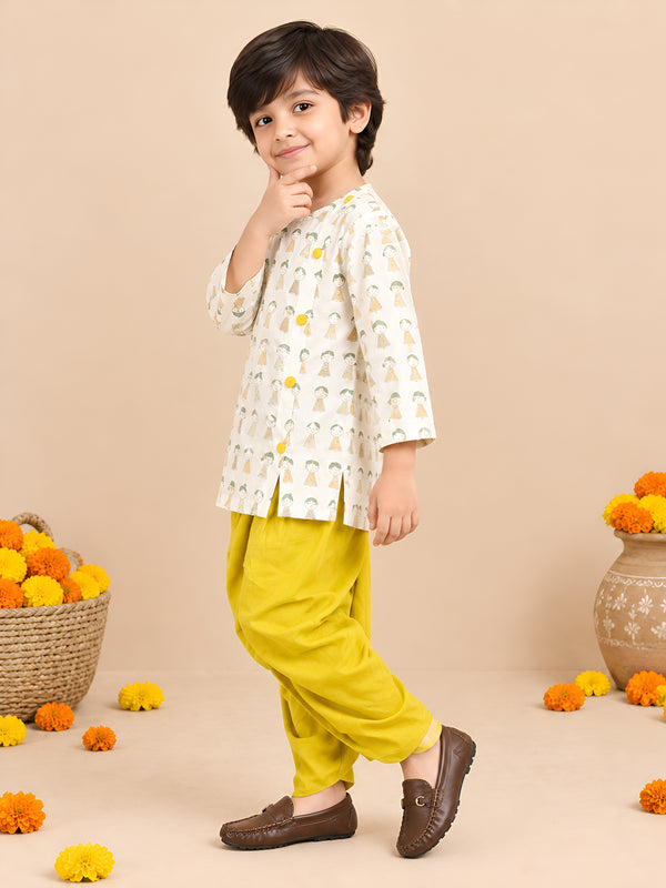 Polka Tots Cotton Full Sleeve Cartoon Print Angrakha Top With Dhoti - Yellow