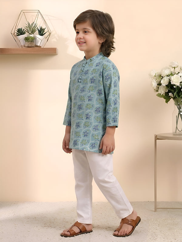 Polka Tots Cotton Full Sleeve Floral Printed Ethnic Kurta Pyjama Set - Green