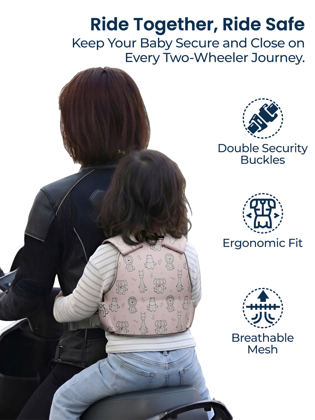 Child in a baby carrier with a parent, emphasizing safety and comfort on two-wheeler journeys.