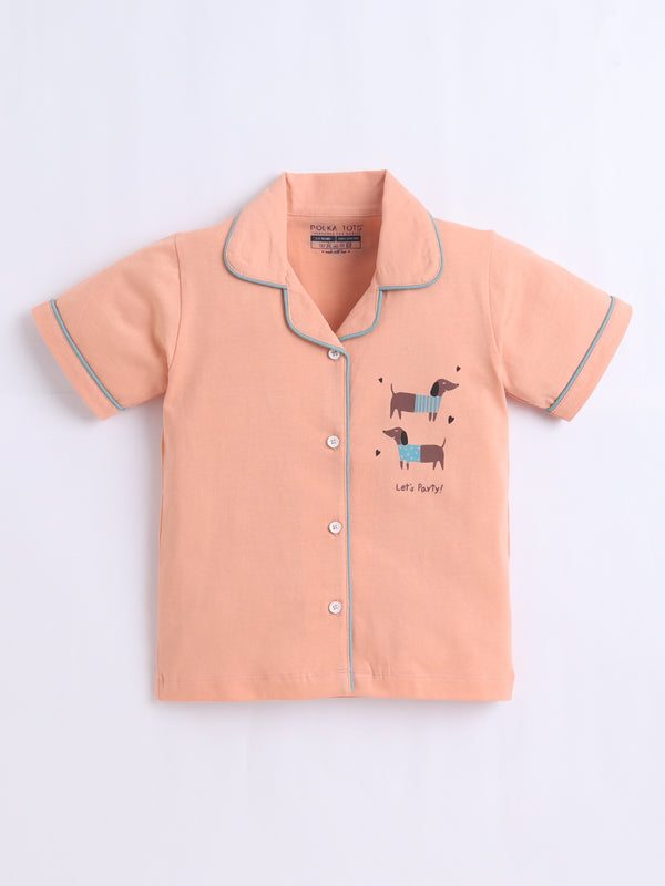 Polka Tots Half sleeves Dog Party Print Night Suit - PEACH