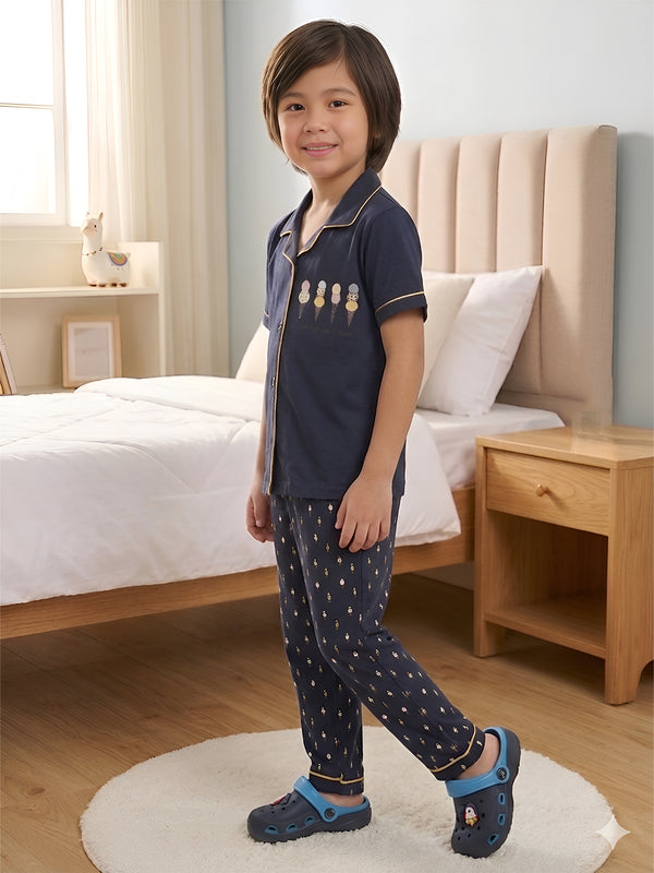 Polka Tots Half sleeves Ice cream Print Night Suit - Navy