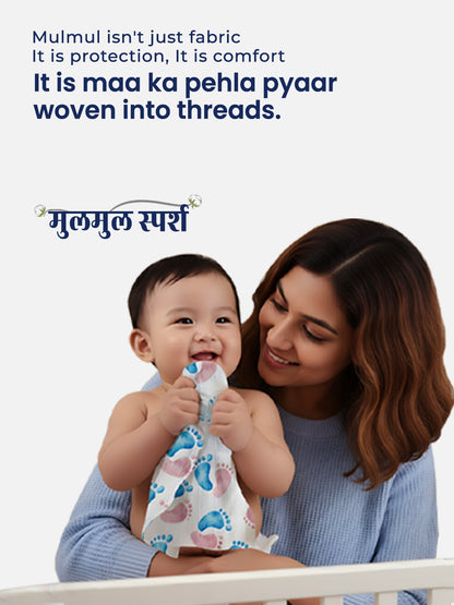 Woman holding a baby wrapped in a Mulmul fabric with text about its benefits.