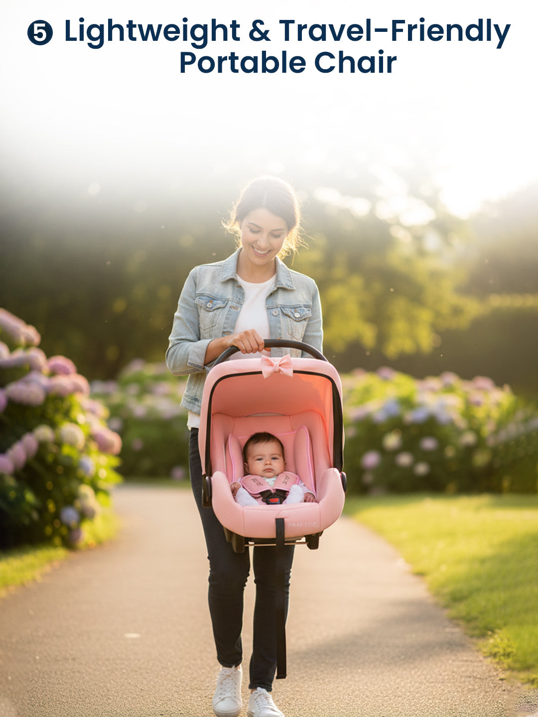 Woman pushing a pink portable chair with a baby in a garden setting