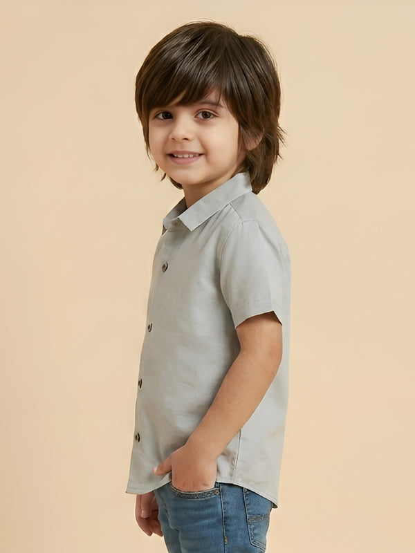 Polka Tots Cotton Regular Fit Half Printed Helicopter Sky Theme Shirt - Grey