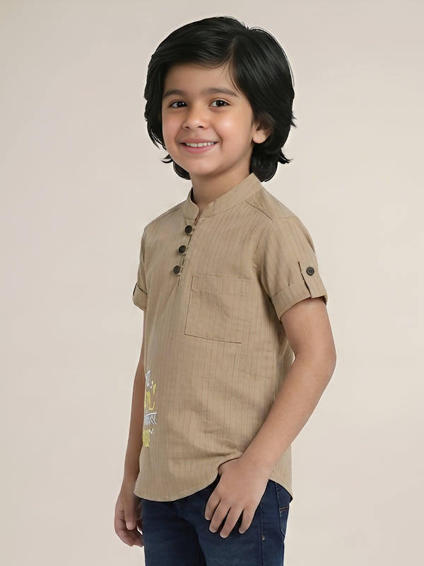 Polka Tots Half Sleeve Striped Kurta with Hindi Graphic - Tan