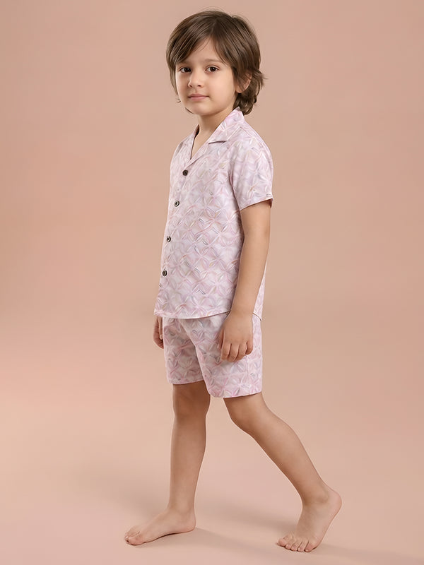 Polka Tots Cotton Half Sleeves Shirt With Shorts, Co-ord Set All Over Print - Light Pink