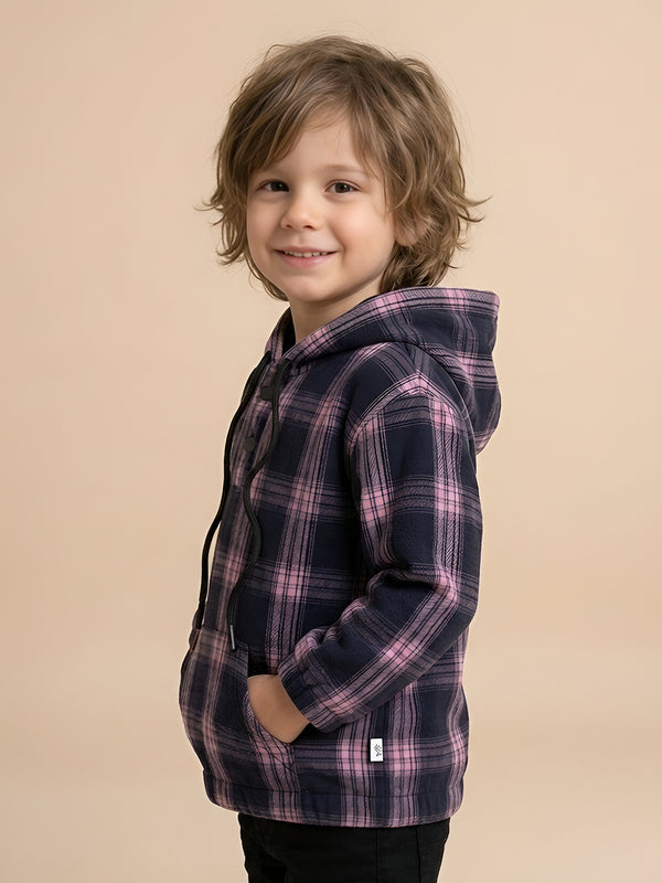 Polka Tots Kids Full Sleeves Checked Hoodie Shirt - Black and Pink