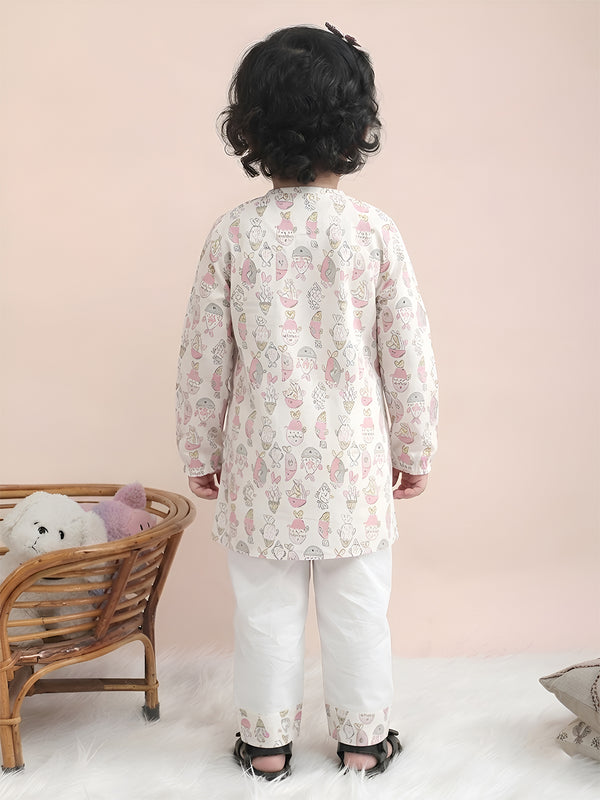Polka Tots Fish print Full sleeves Nightwear Kurta pyjama set - Pink