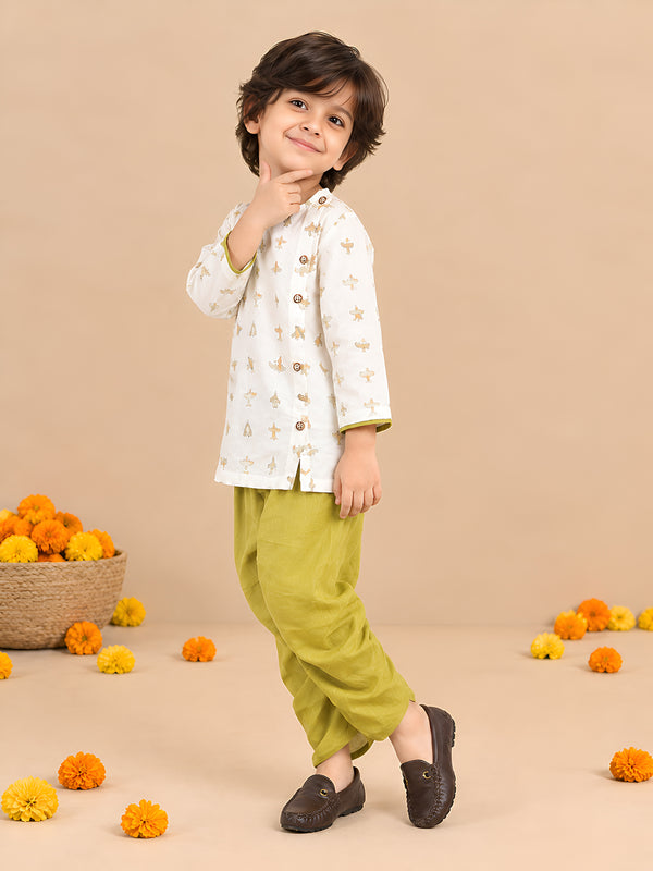 Polka Tots Cotton Full Sleeve Airplane Print Angrakha Top With Dhoti - Green