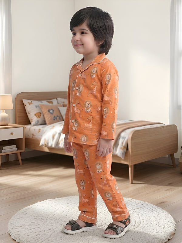 Polka Tots Full sleeve Lion and Giraffe Print Night suit - Orange
