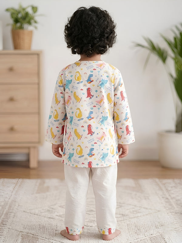 Polka Tots Dinosaur print Full Sleeves Nightwear Kurta pyjama set - White