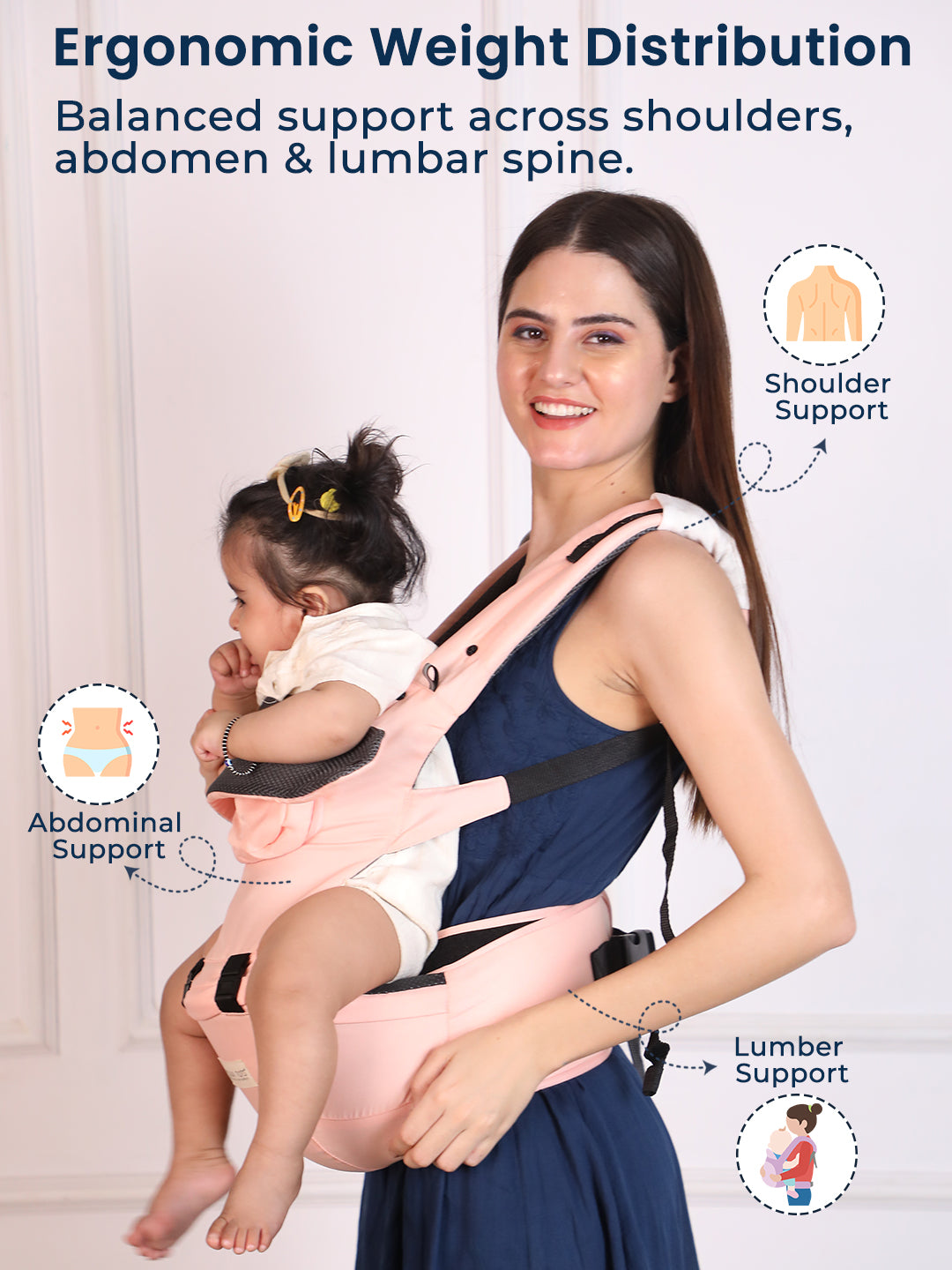 Woman using a baby carrier with text highlighting ergonomic weight distribution.