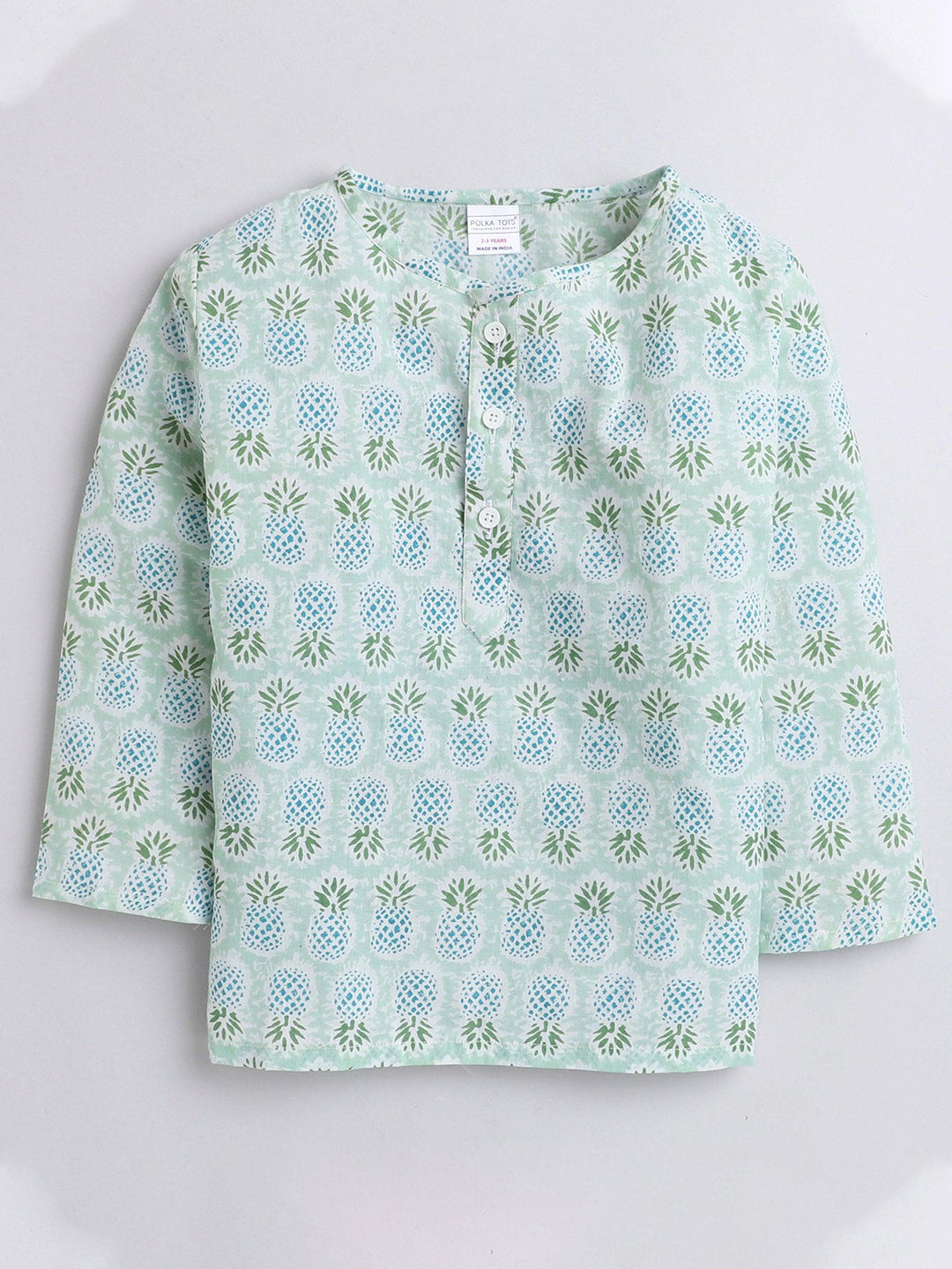 Polka Tots Pineapple print Full sleeves Nightwear Kurta pyjama set - Green