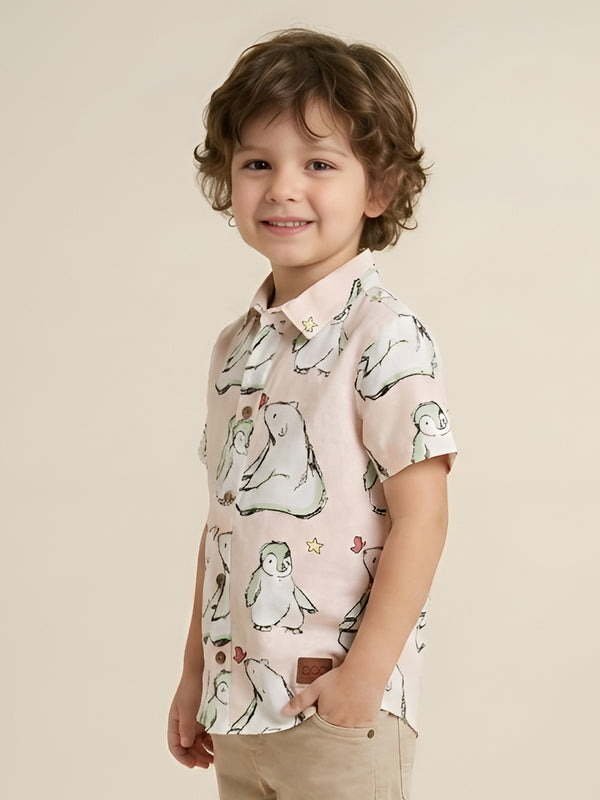 Polka Tots Half Sleeve Shirt Polar Bear and Penguin Print - Peach