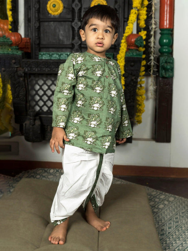 Polka Tots 100% Super Soft Cotton Tribal Print Full Sleeve Kurta With Dhoti Set - Green