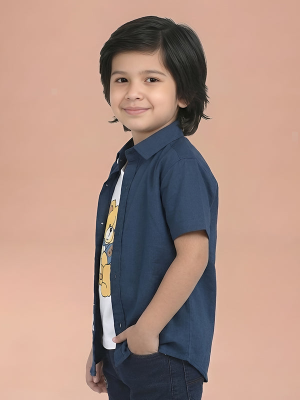 Polka Tots Half Sleeves Teddy print T-shirt shirt - Navy Blue