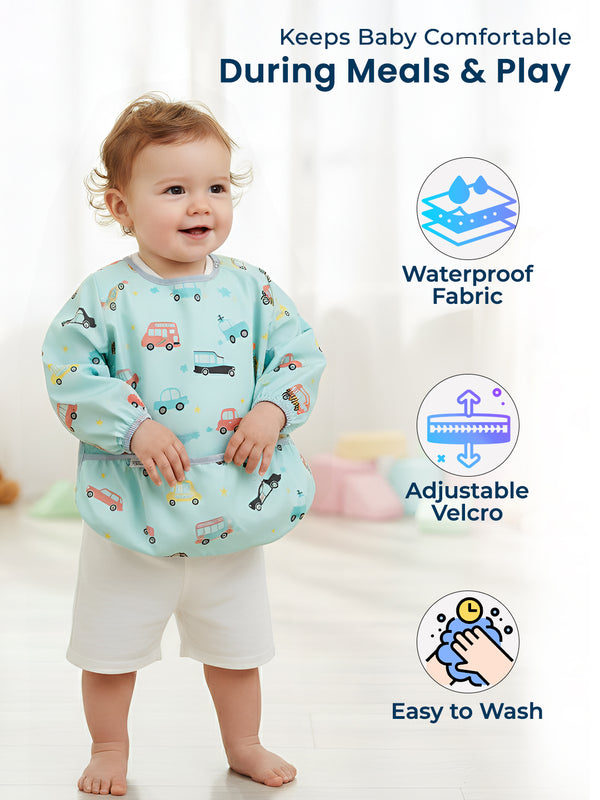 Full Sleeves Washable Waterproof Apron Feeding Bib for Babies (Car)