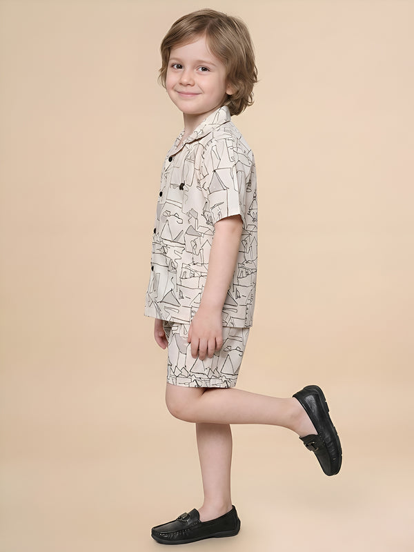 Polka Tots Half Sleeves Abstract print co-ord set - Cream