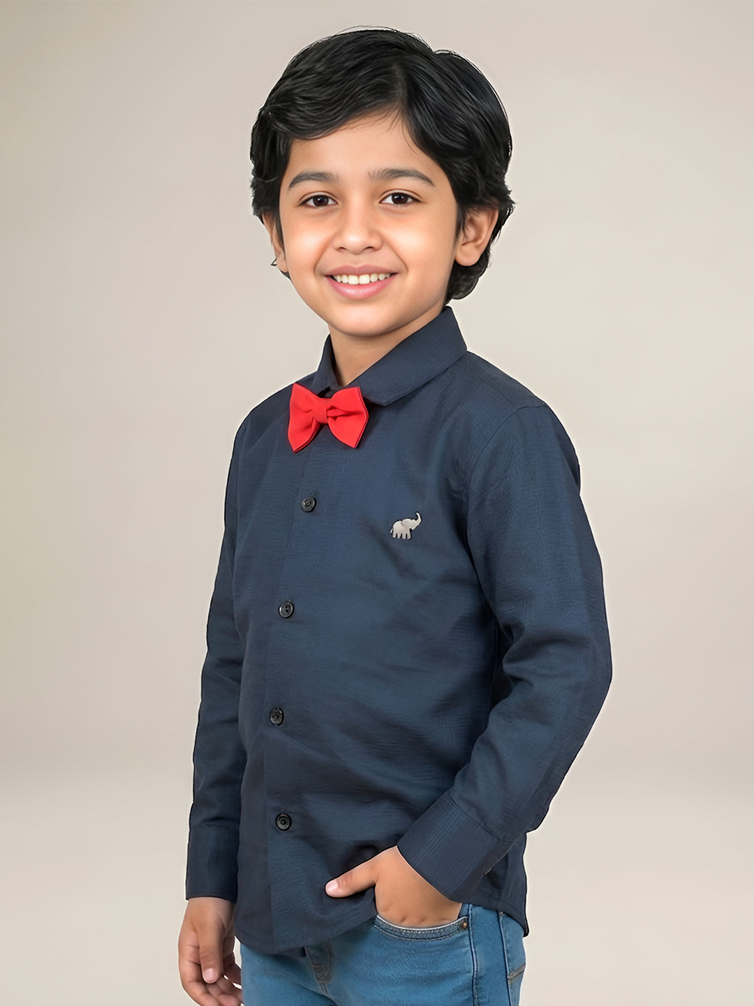 Polka Tots Full Sleeves Solid Shirt With Bow Tie - Navy Blue