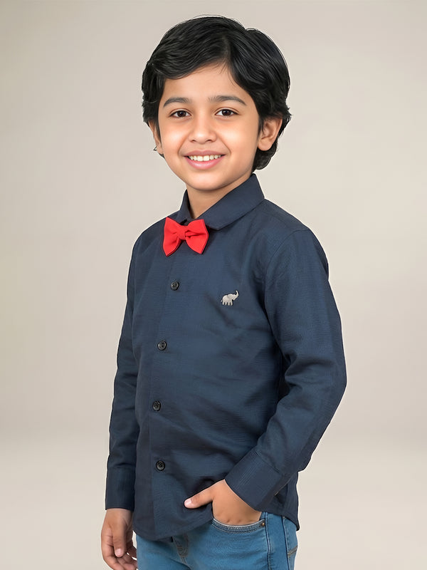 Polka Tots Full Sleeves Solid Shirt With Bow Tie - Navy Blue