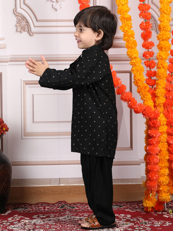 Polka Tots Full Sleeve Ethnic Motif Kurta Pyjama Set - Black