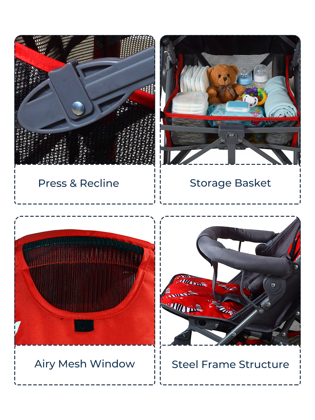 Collage of a red stroller with features highlighted, including press & recline, storage basket, airy mesh window, and steel frame structure.
