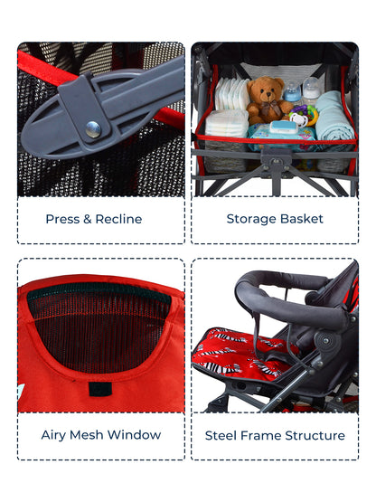 Collage of a red stroller with features highlighted, including press & recline, storage basket, airy mesh window, and steel frame structure.