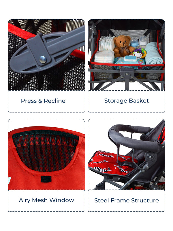 Polka Tots Lightweight Umbrella Stroller - 6-Way Adjustable, UV Canopy & 5-Point Safety Harness (Red)