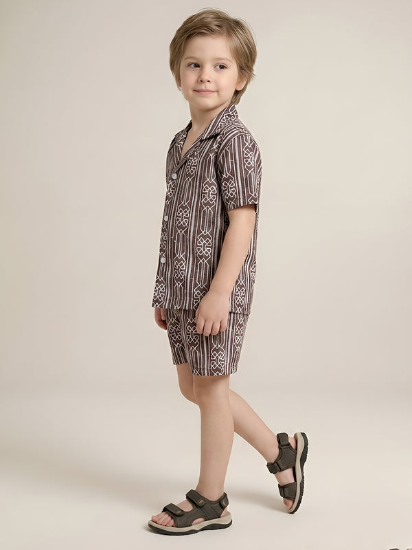 Polka Tots Half Sleeve Geometric print Co-ords - Brown
