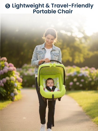 Woman pushing a green portable baby chair with a child in it, walking on a path with flowers and trees in the background.