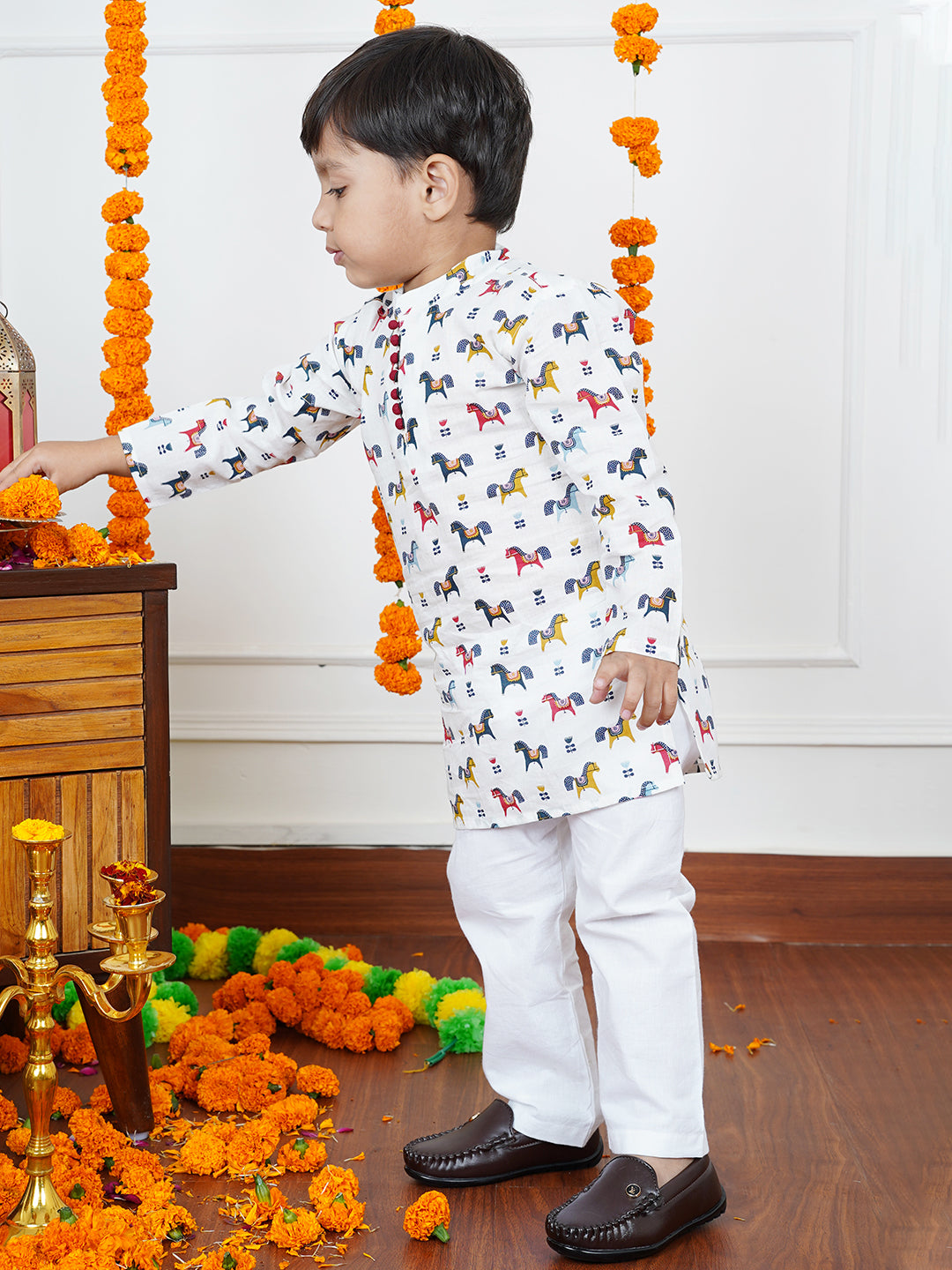 Polka Tots Full Sleeve Horse print Kurta Pyjama Set - Multicolor