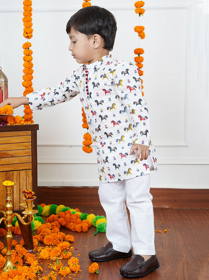 Polka Tots Full Sleeve Horse print Kurta Pyjama Set - Multicolor