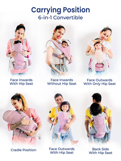 6-in-1 convertible baby carrier with multiple usage positions on a white background