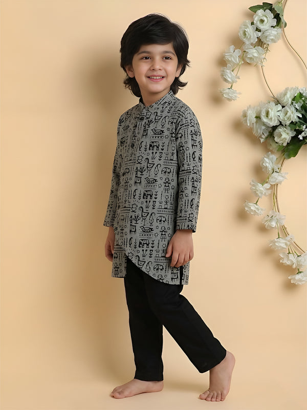 Polka Tots Cotton Full Sleeve Tribal Print Ethnic Kurta Pyjama Set - Black