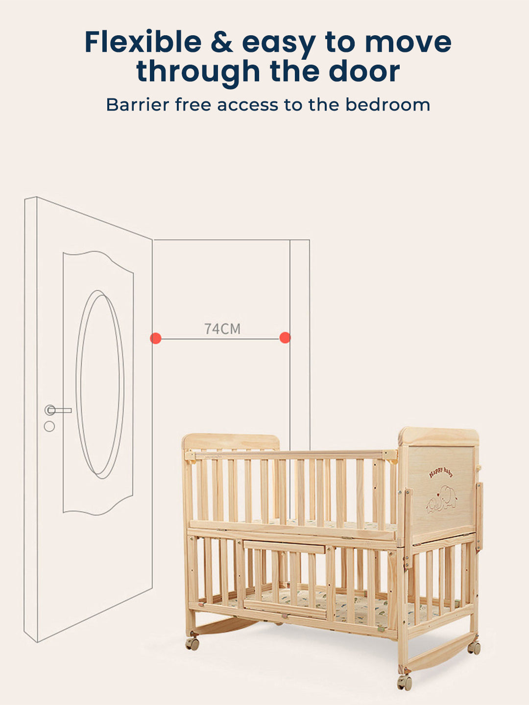 Wooden crib with text indicating flexible and easy movement through a door