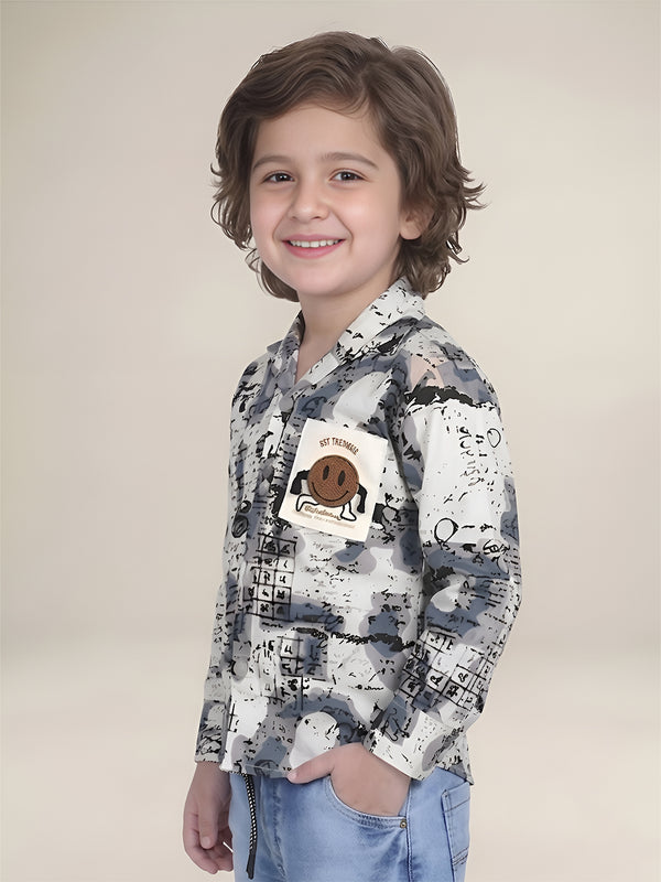 Polka Tots Full Sleeves Abstract Scribble Print Hooded Kids Shirt with Smiley Patch - Blue