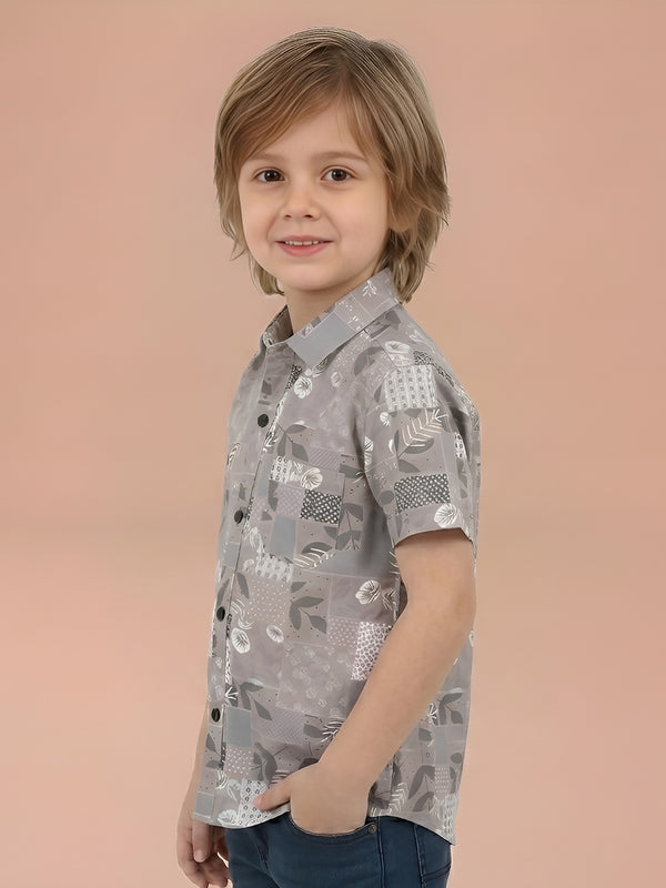 Polka Tots Cotton Regular Fit Half Sleeve Leaf Printed Kids Shirt - Grey